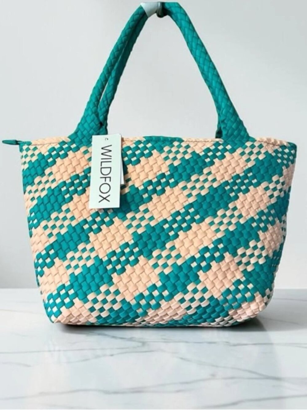 WILDFOX Large Tote Teal/Peach Woven Checkered Pattern Double Handles Zip Closure